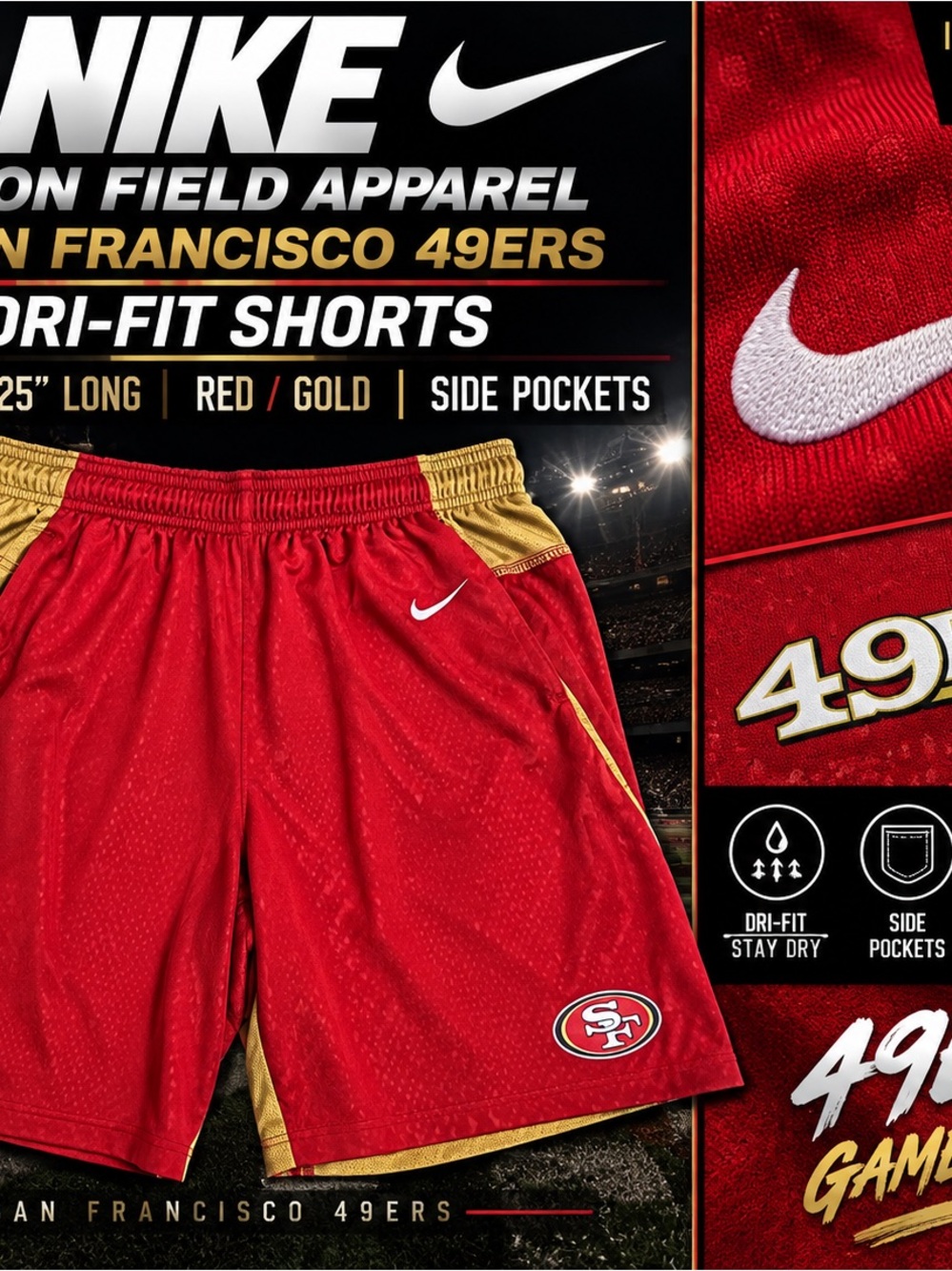 Nike San Francisco 49ers NFL On Field Dri-FIT Shorts Mens XXL 666796-687